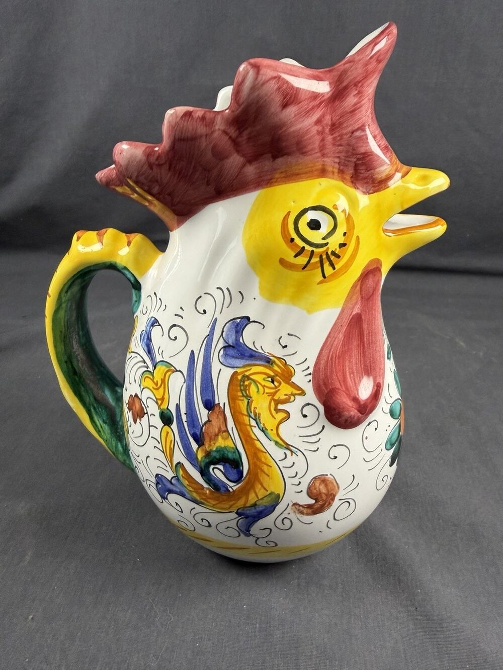 Deruta Marked Chicken/Rooster Pitcher Dragon Design Made in Italy